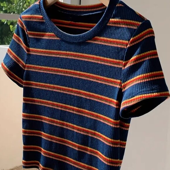 Ribbed Striped Navy Orange Cropped Top - Picture 1 of 3